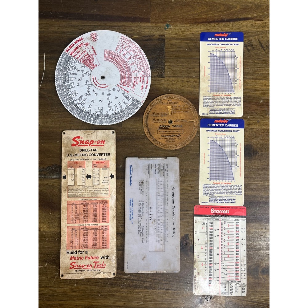 Vintage Snap-on Starrett Lufkin Machinist Tool Lot Drill Tap Slide Charts Wheels